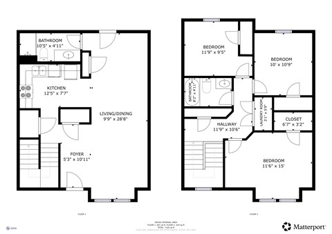 Floor plan for 3 beds, 2 baths, 1150 sqft